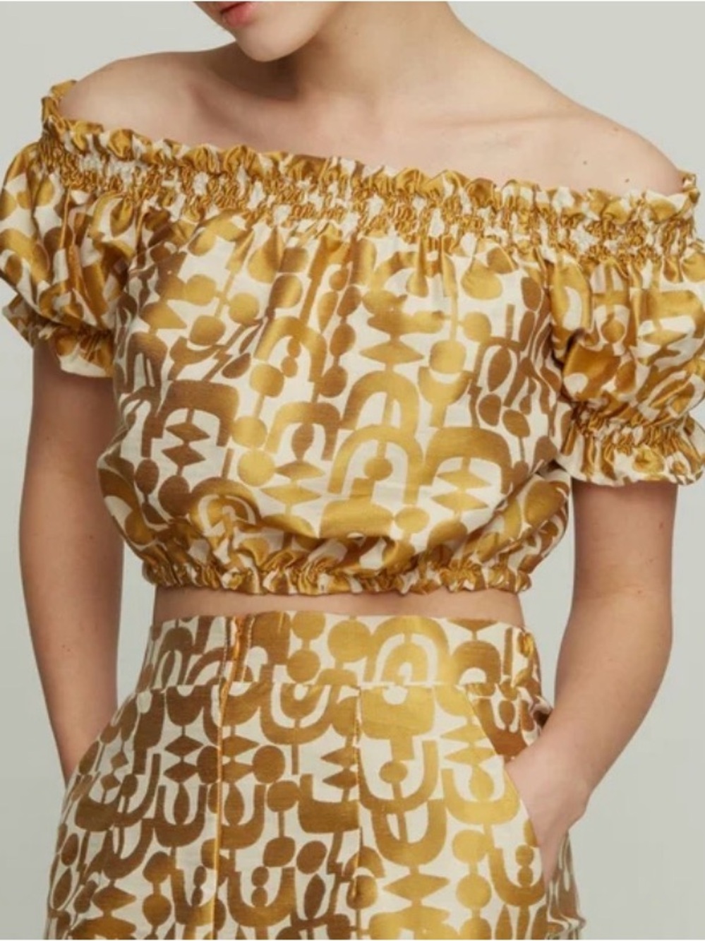 Designer Off-Shoulder Crop Top in Mustard/gold Print